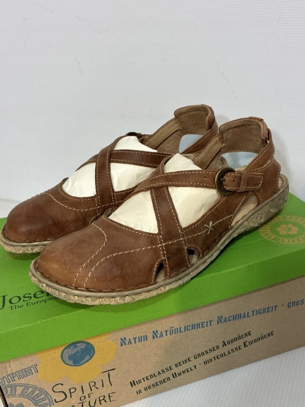 Josef Seibel Spirit of Nature Brown Leather Closed Toe Sandals Crisscross Sz 37